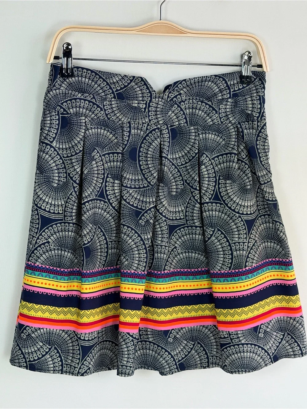 Blue Rain Printed Pleated Skater Skirt Navy Multicolor Highlighter Accent Large
